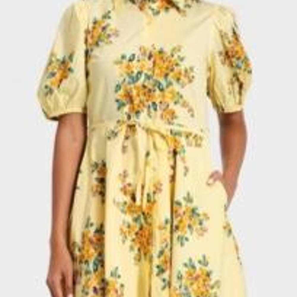 A New Day Women's Puff Sleeve Mini Button Down Shirtdress  Yellow Floral
